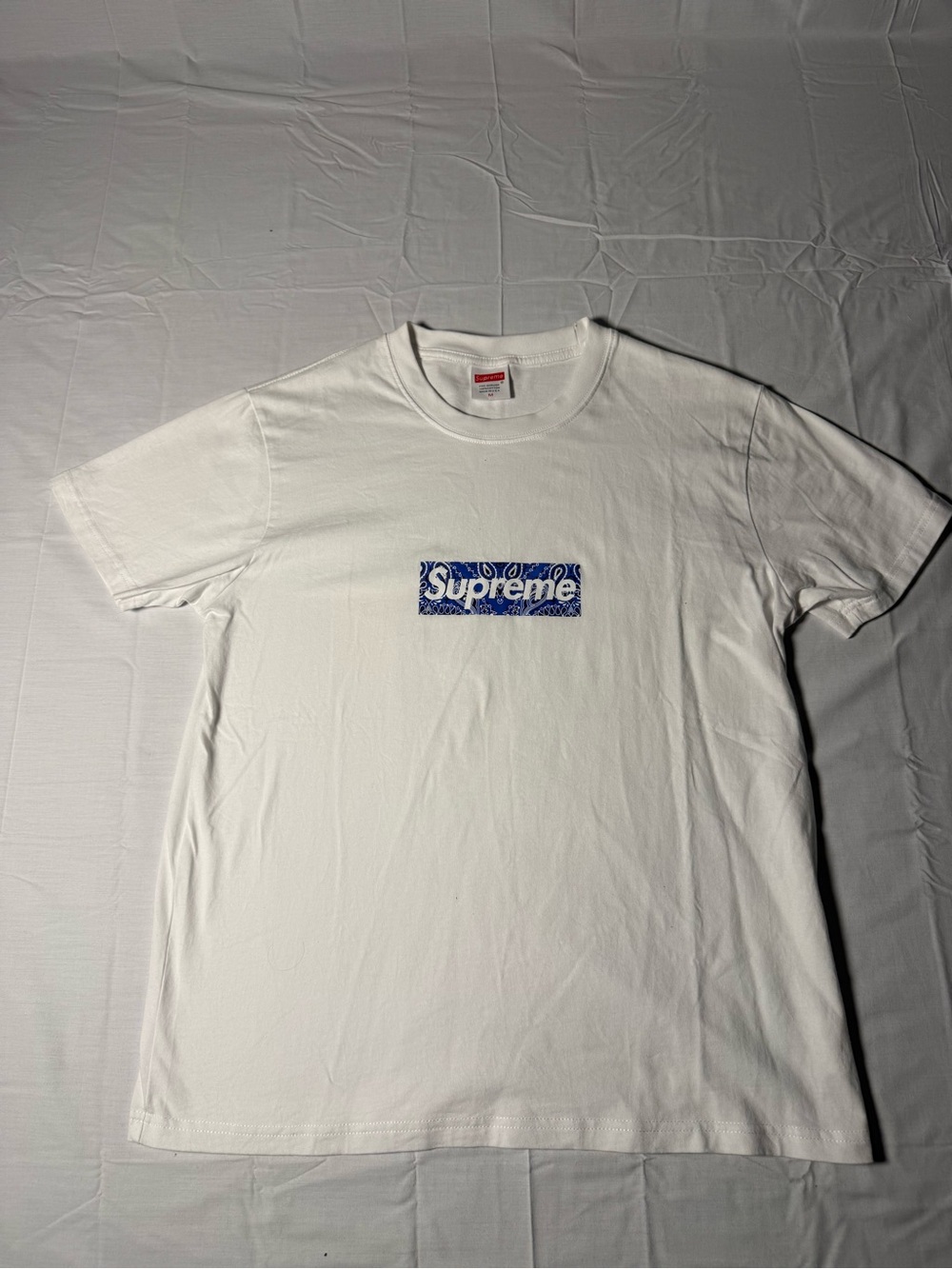 Supreme White T-Shirt with Blue Paisley Box Logo